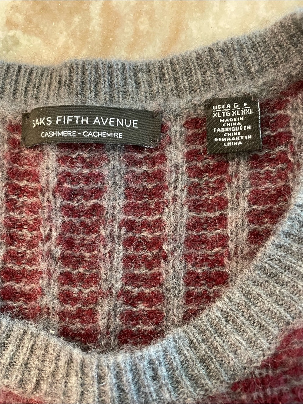 Saks Fifth Avenue Cashmere Sweater Maroon and Grey Striped Mens XL Crewneck - Picture 5 of 12